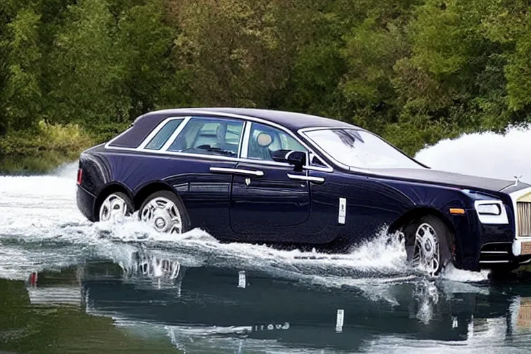 Image similar to Teenagers push Rolls-Royce into lake with their hands from a small slide wanting to drown him