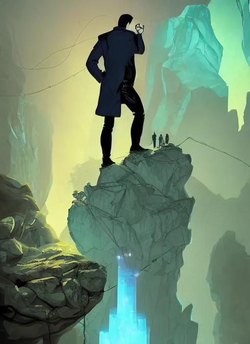 Image similar to comic book art of a [ man ] in trenchcoat with ( glowing ) [ gloves ] and [ boots ] crossing a [ old ] ( rope ) bridge in a [ jungle ] looking up at a [ mountain ] made of crystalized rock, a [ glowing tower ] extends into the sky, low angle, artstation illustration, elegant, arcane by tim doyle