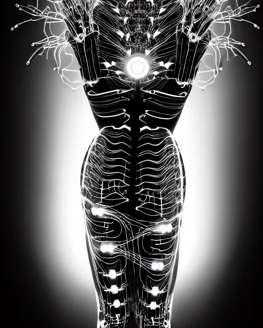 Image similar to black and white cyborg - plant goddess high quality photo, microchip, artificial intelligence, bio - mechanical bio - luminescence, black wired cables, neurons, nerve cells, cinematic, rim light, photo - realistic, high detail, 8 k, masterpiece, high fashion, in the style of steven meisel dora maar h. g. giger