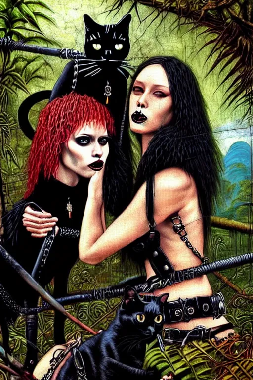 Image similar to punk rock girls kissing and making selfie with black cats in jungle , 1980 style, mad max jacket, post apocalyptic, Cyberpunk, renaissance, Gothic, mystic, highly detailed, digital painting, 4k, oil painting by Leonardo Da Vinci, hyper realistic style, fantasy by Olga Fedorova