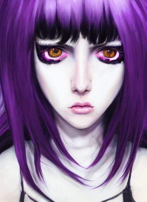 Image similar to hair blackbangs hair, white cyberlox, portrait of normal teenage girl, normal face, black bangs, messy bangs, fluffy bangs, cyberlox, whitebangs, red contact lenses, purple background, intricate, elegant, highly detailed, digital painting, artstation, concept art, sharp focus, smooth, illustration, art by wlop, mars ravelo and greg rutkowski