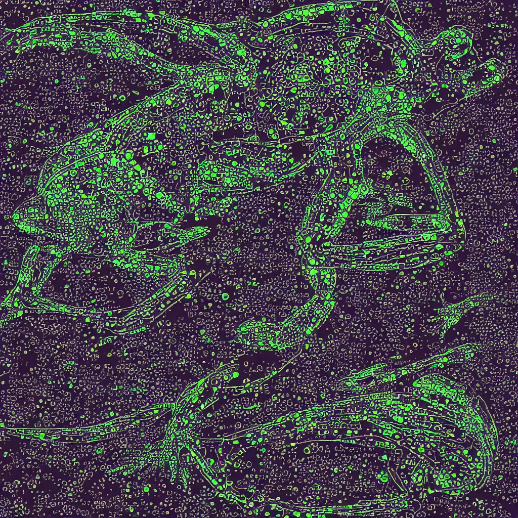 Image similar to toads, big toad, mechanical, technical, abstract, acrylic, oil, circuit board, lines, vektroid album cover, dots, drips, dimensions, tears, leaks, glitches, frogs, amphibians, geometry, data, datamosh, motherboard, minimal, vinyl, code, cybernetic, painting, dark, eerie, cyber