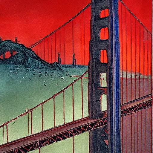 Prompt: a swarm of rabid rats invading the golden gate bridge by basil gogos