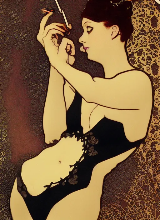 Prompt: a beautiful woman in a black lace swimsuit, smoking a cigarette, in a dark room, advertisement photography by mucha, extremely coherent, sharp focus, elegant, render, octane, detailed, award winning photography, masterpiece, rim lit