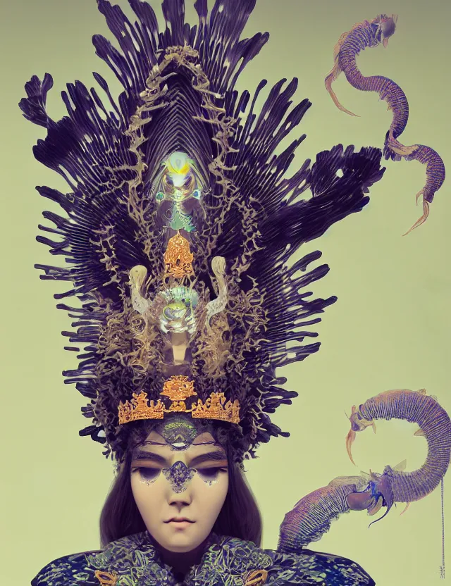 Image similar to 3 d goddess close - up portrait with crown, ram skull. beautiful intricately detailed japanese crow kitsune mask and clasical japanese kimono. betta fish, jellyfish phoenix, bioluminescent, plasma, ice, water, wind, creature, artwork by tooth wu and wlop and beeple and greg rutkowski