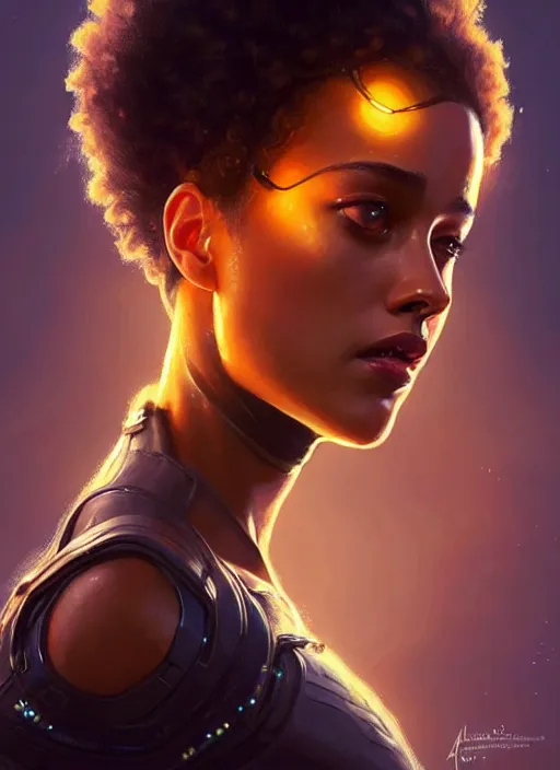 Image similar to portrait of apex legends nathalie emmanuel, intricate, elegant, glowing lights, highly detailed, digital painting, artstation, glamor pose, concept art, smooth, sharp focus, illustration, art by artgerm and greg rutkowski, artey freytag