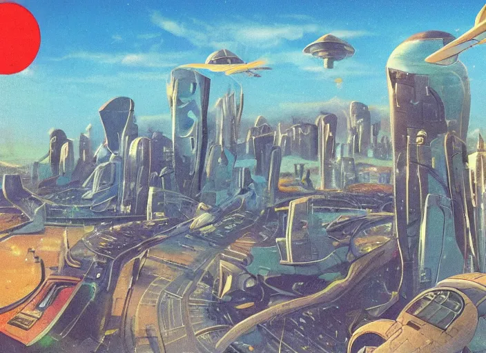 Image similar to travel postcard for a futuristic city on another planet, flying cars, alien sky