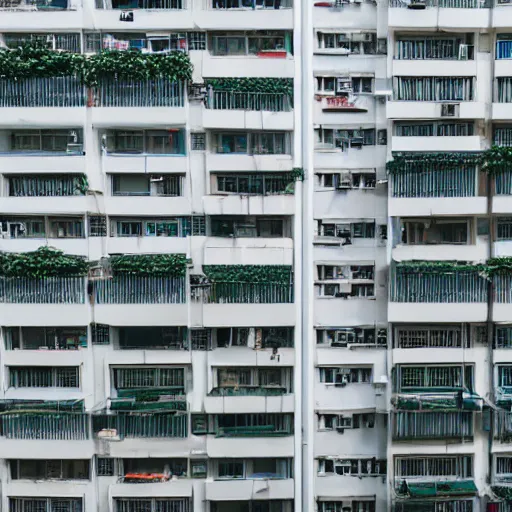 Prompt: hong kong apartment complex wall with ac units, laundry lines, balconies, photography