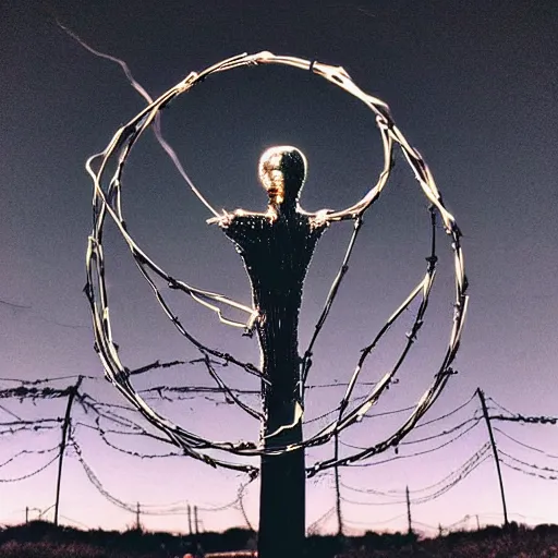 Image similar to “photo of a glowing liquid metal alien figure wrapped in cables and barbed wire standing in the middle of a core field at nighttime, midnight. Flash photo. Cursed image”