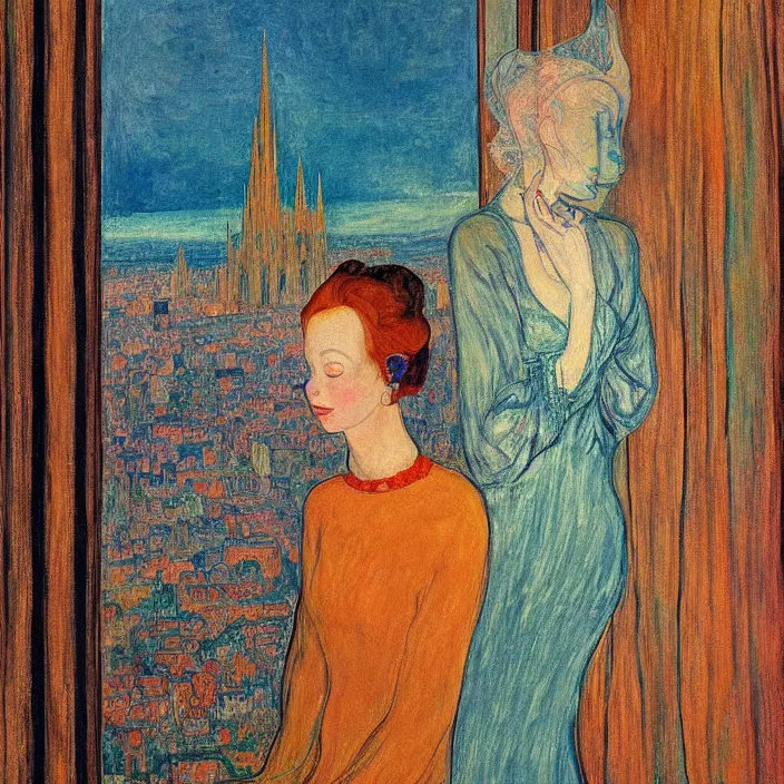 Image similar to close portrait of woman in transparent vaporous night gown with cat and aloe vera, with city with gothic cathedral seen from a window frame with curtains. sun through the clouds, vivid iridescent colors. agnes pelton, egon schiele, munch, henri de toulouse - lautrec, utamaro, monet