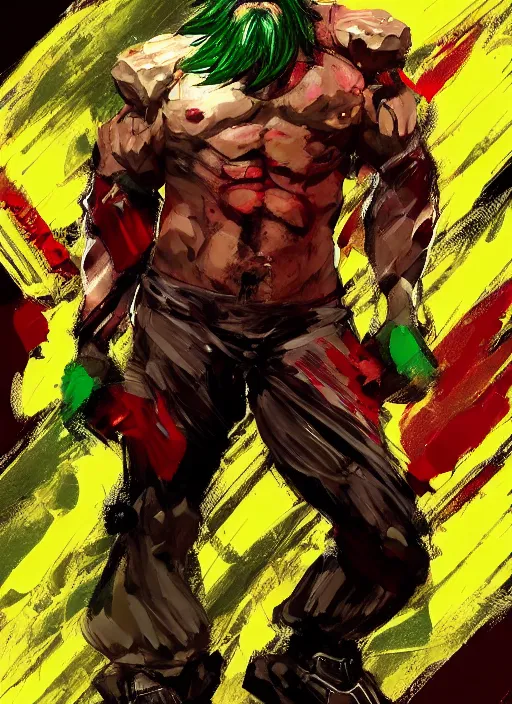Prompt: Full body portrait of an old muscular man with blonde hair and beard red, green and gold jacket. In style of Yoji Shinkawa and Hyung-tae Kim, trending on ArtStation, dark fantasy, great composition, concept art, highly detailed.