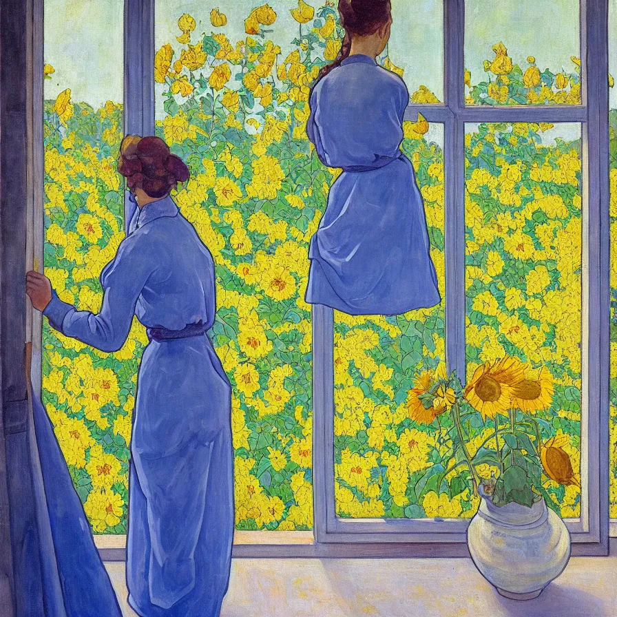 Image similar to a painting in the style of ferdinand hodler, a man looks through the window of an old house and sees a woman in a blue dress surrounded by sun flowers