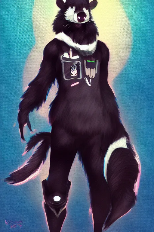 Image similar to a skunk fursona, trending on artstation, by kawacy, furry art, digital art, cyberpunk, high quality, backlighting