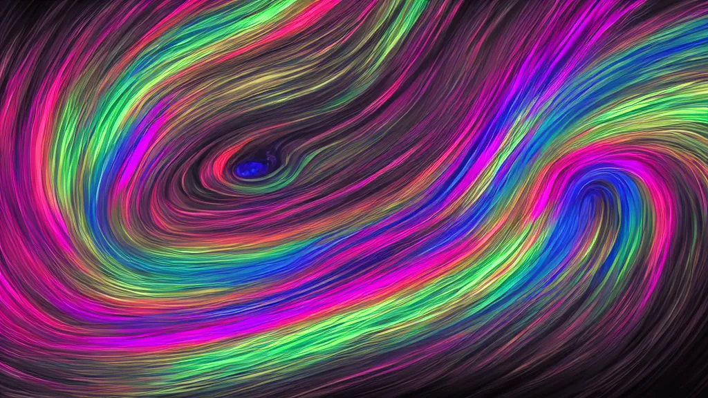 Prompt: digital render of twisting rainbow in black sky. trending on deviantart