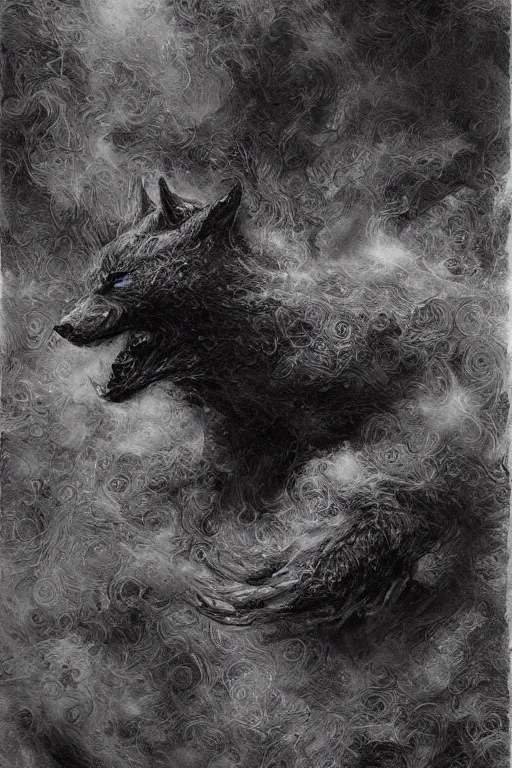 Image similar to portrait of a void fox in black suit surrounded by smoke fumes,, pen and ink, intricate line drawings, by craig mullins, ruan jia, kentaro miura, greg rutkowski