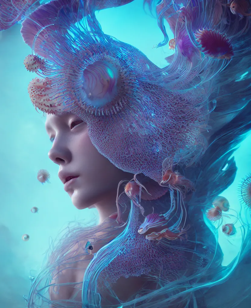 Image similar to goddess close-up portrait. orchid jellyfish phoenix head, nautilus, skull, betta fish, bioluminiscent creatures, intricate artwork by Tooth Wu and wlop and beeple. octane render, trending on artstation, greg rutkowski very coherent symmetrical artwork. cinematic, hyper realism, high detail, octane render, 8k