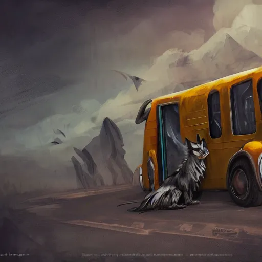 Prompt: Transformer hybrid of bus and wolf, having cabin if form of wolf head with big yellow eyes looking at us and long body of bus with wheels and windows, mechanical form of life, oil on canvas, fantasy, digital painting, concept art, smooth, sharp focus, illustration, artstation trending, octane render, unreal engine, Ghibli, anime style