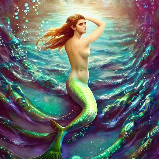 Image similar to a epic mark brooks painting of emma watson as a mermaid under water, 8 k, ultra detailed, lighting, water bubbles, sparkling, beautiful scaly mermaid tale, illustration, trending on art station, digial art by lois van baarle