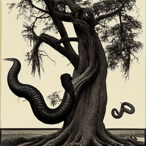 Image similar to by brett weston, by paul gustave fischer delicate, highly detailed. a computer art of a large, looming creature with a long, snake body. many large, sharp teeth, & eyes glow. wrapped around a large tree, bent under the weight. small figure in foreground, a sword, dwarfed by the size of the creature.