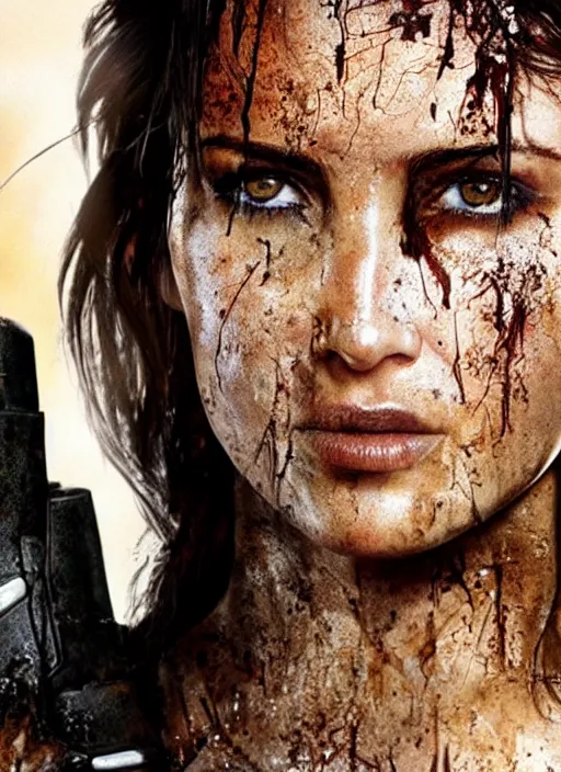 Prompt: a film still of lara croft as cop, her face muddy and sweat, direct sun light, close up potrait, cinematic,