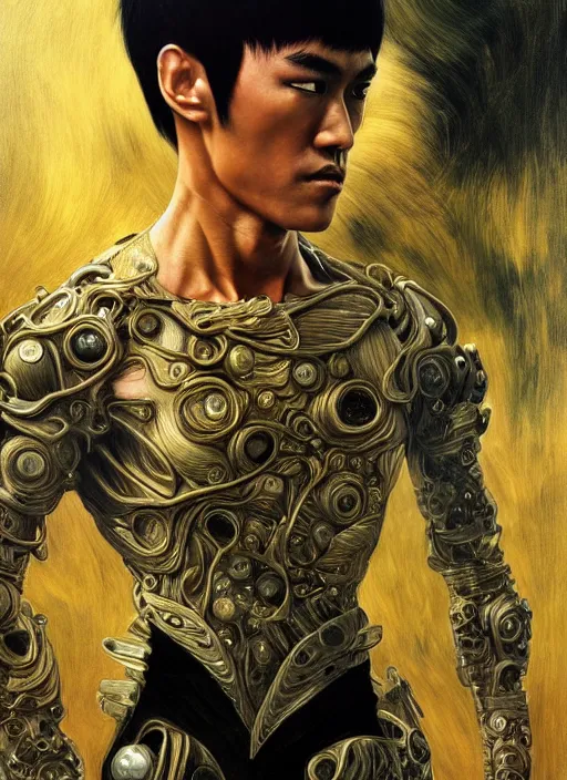 Prompt: bruce lee as a organic cyborg, diffuse lighting, fantasy, intricate, elegant, highly detailed, lifelike, photorealistic, digital painting, artstation, illustration, concept art, smooth, sharp focus, art by john collier and albert aublet and krenz cushart and artem demura and alphonse mucha