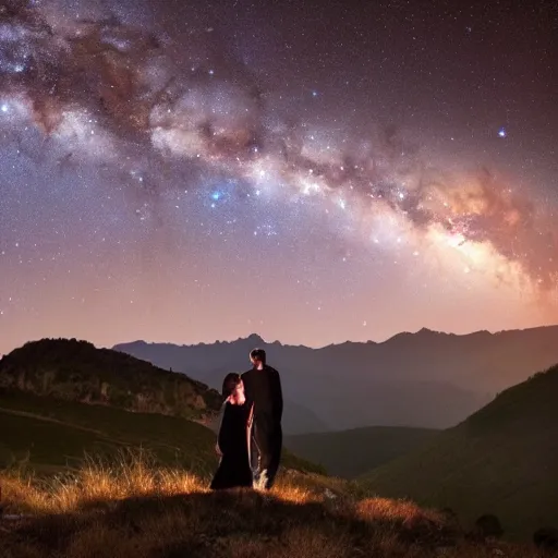 Prompt: a beautiful landscape showing mountains, stars and galaxies in the background. The silhouet of a young couple sits in the foreground