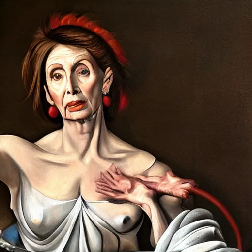 Image similar to Nancy pelosi painted as Medusa by Caravaggio
