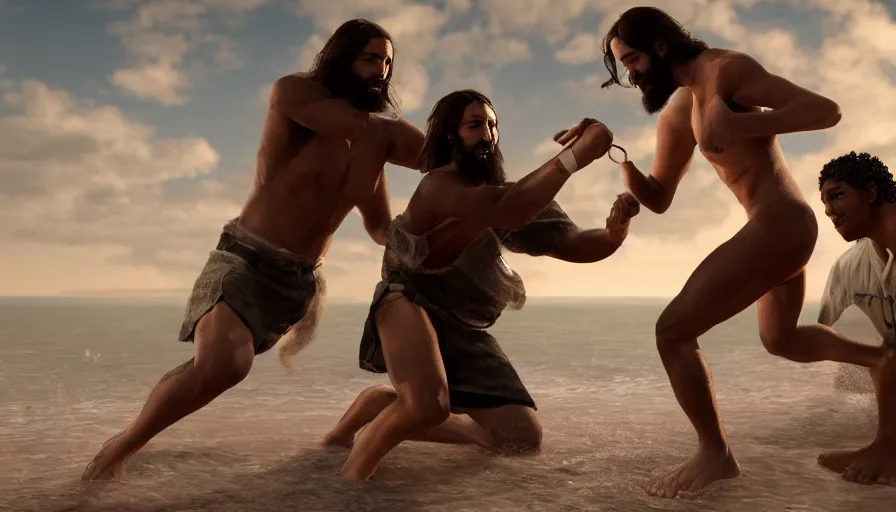 Image similar to jesus christ fighting a blind man on the beach, hyperrealistic, 8k, artstation, cgsociety
