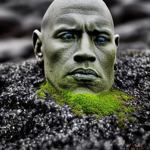 Image similar to a grey mossy rock with the face of dwayne johnson, shot on iphone 1