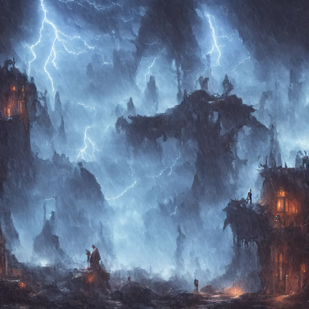 Image similar to a still of a cloaked figure standing in the ruins of crux prime, bree, lantern - lit town, there is lightning, blue fiery maelstrom in the distance, it is raining, digital art, artstationhq