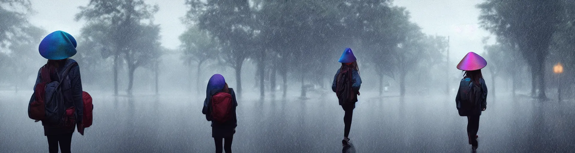 Prompt: girl with a backpack on her head walks in heavy rain, a shot from the movie, beeple - style cinematic