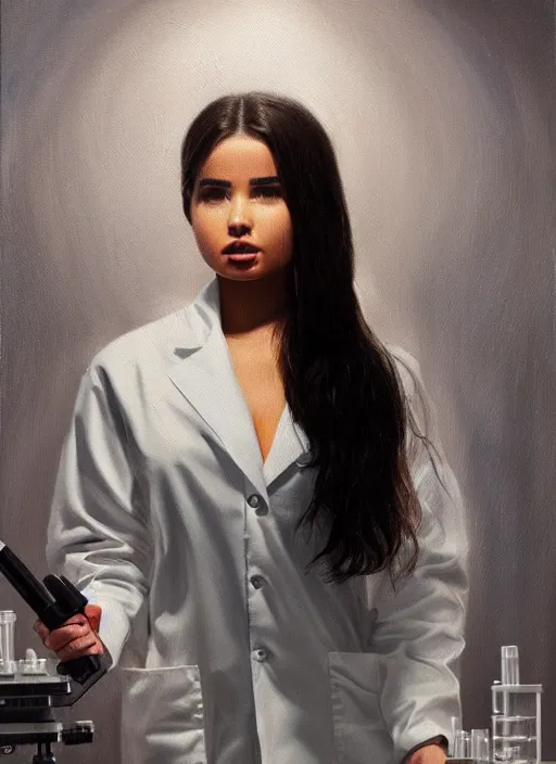 Prompt: demi rose wearing a labcoat in a biology lab, microscope on the table, expressive oil painting, matte art, trending on artstation, sunlit, octane render, brushstrokes, beautiful face portrait, beautiful lighting