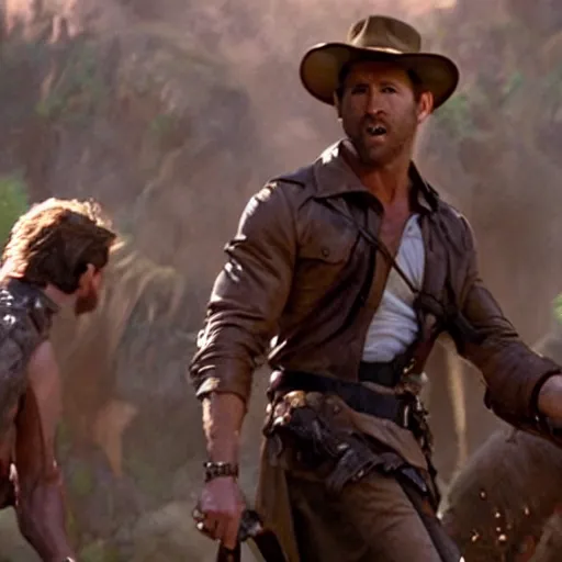 Image similar to Ryan Reynolds as Indiana Jones dropped the holy grail, action scene, cinematic still