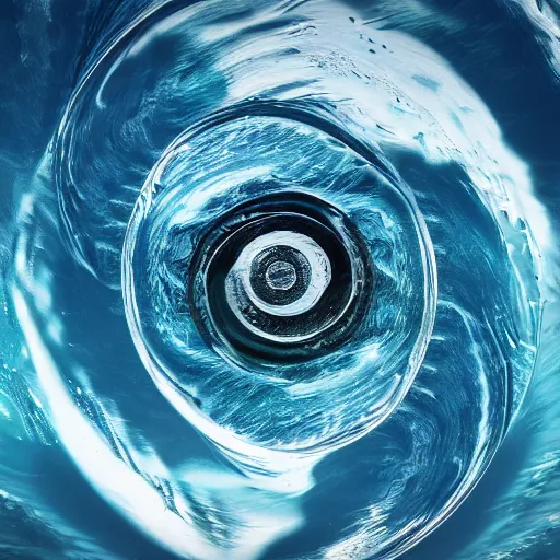 Prompt: water artwork manipulation inside the shape of a downward - facing triangle, on the ocean water, spiral, ray tracing, realistic water, focus, long shot, 8 k resolution, cinematic, water art photoshop