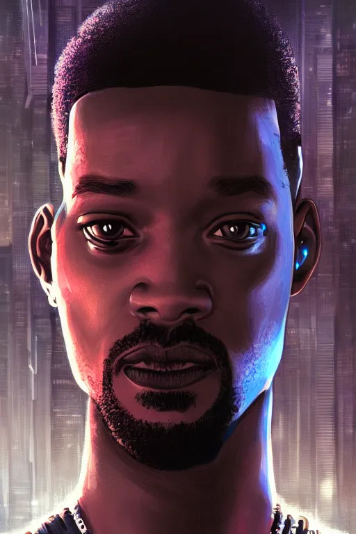 Prompt: portrait of cyberpunk will smith, grim - lighting, high - contrast, intricate, elegant, highly detailed, digital painting, artstation, concept art, smooth, sharp focus, illustration