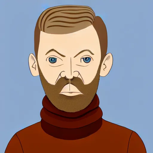 Image similar to A slender, awkward british man, with short blond hair and a very short blond beard wearing a corduroy jacket and turtleneck , blue eyes, pale skin, English heritage, digital art, cartoon, mid-shot, 8k