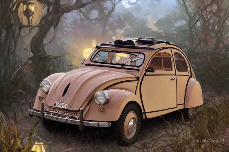 Image similar to 1950s citroen 2CV, fantasy, elegant, intricate, highly detailed, digital painting, artstation, concept art, sharp focus, illustration, art by artgerm and greg rutkowski and alphonse mucha