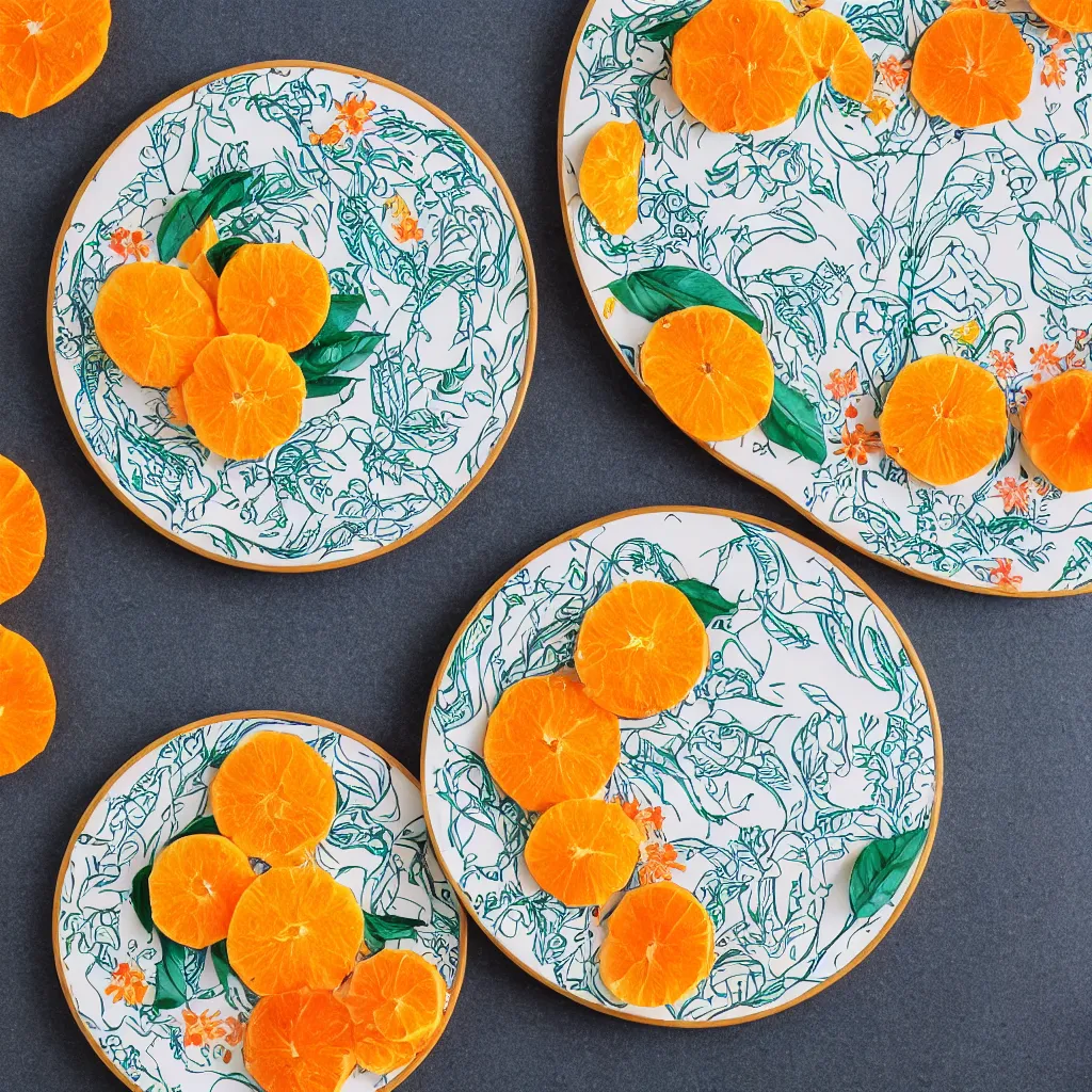 Image similar to very long circular bananas with cut orange slices and leaves, on art nouveau embroidered designer plate with flowery pattern closeup, hyper real, food photography, high quality