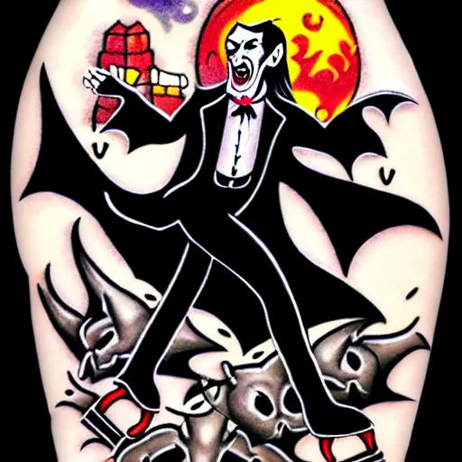 Image similar to dracula dancing on roller skates surrounded by bats and a full moon in the style of american traditional tattoo