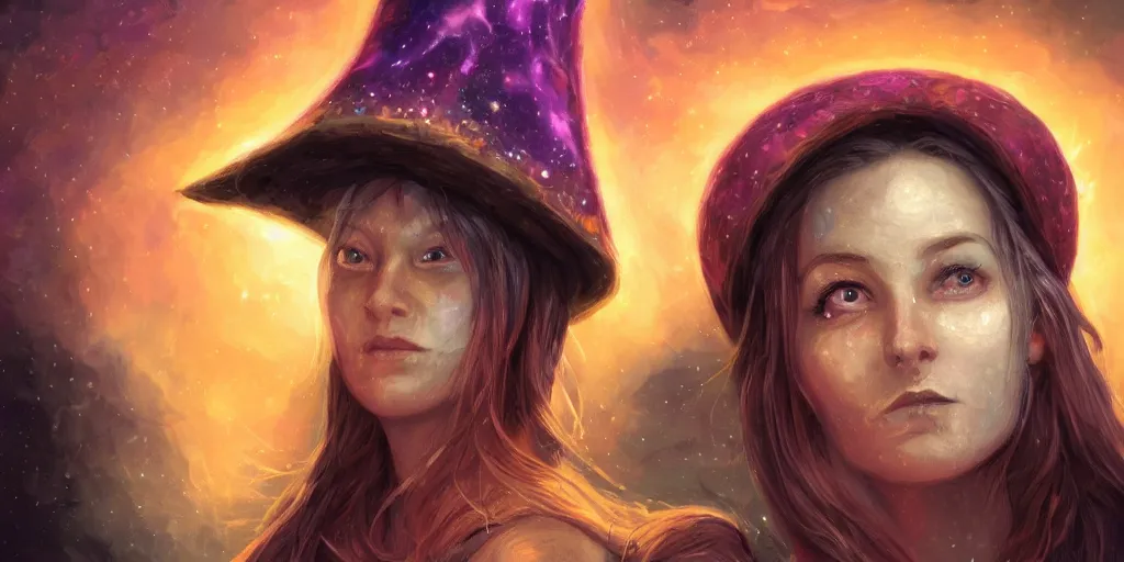 Image similar to female wizard 2 ith detailed closeup hyper realistic face in a starry conical hat casting a soothing purple spell near a crackling campfire at night in the woods, dramatic light, digital painting, artstation style, boris vallejo, beautiful detailed background, haunting athnosphere, danger