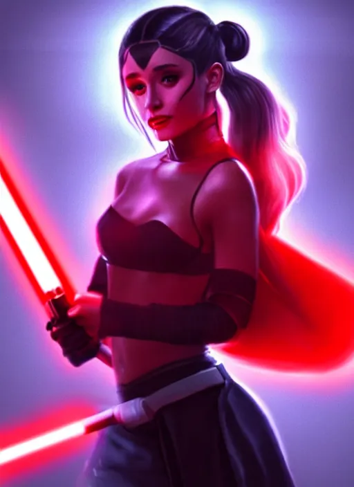 Image similar to Photo of Sith Ariana Grande with a red light saber, Star Wars concept art, trending on artstation, dramatic lighting, photo-realistic