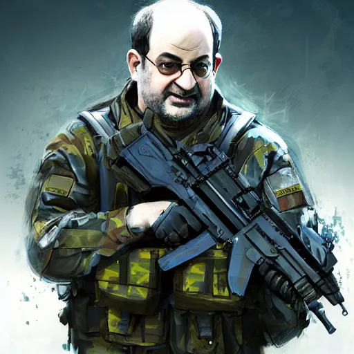 Image similar to salman rushdie as a futuristic tactical operator soldier by maciej kuciara