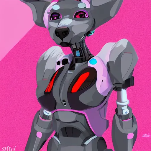 Image similar to digital art artstation, pixiv, portrait of a robotic fox with cybernetic body with pink hair, character fursona furry, furaffinity