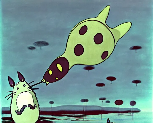Prompt: ! dream totoro. yves tanguy art. a still from my neighbor totoro, re imagined in the style of yves tanguy. surrealism, dadaism, ghibli