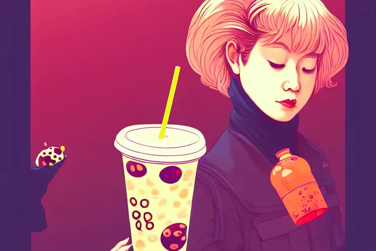 Image similar to drinking boba tea, 8 0 s art, flat, adorable, dramatic, fluid, golden ratio, artstation, moebius + loish, hd,