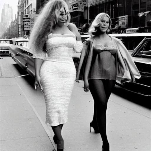 Image similar to 1960s photo of Mariah Carey and Beyonce walking down 5th Avenue