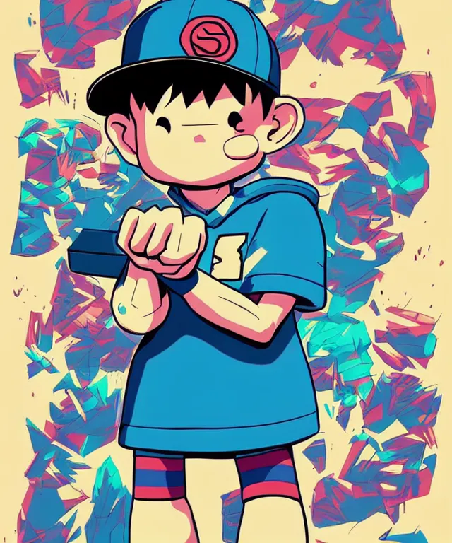 Image similar to ness from earthbound in the art style of josan gonzalez, crisp 8 k line art, digital painting, artstation, concept art, matte, sharp focus, hyper realistic lighting, illustration