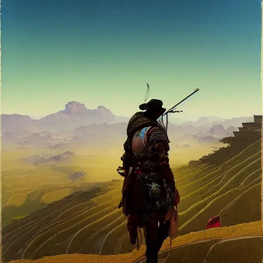 Image similar to cyberpunk afghan cowboy outrider standing atop a ridge, viewing rolling hills covered in rice terraces. c. leyendecker, simon stalenhag, studio ghibli, barlowe, audobon and beksinski