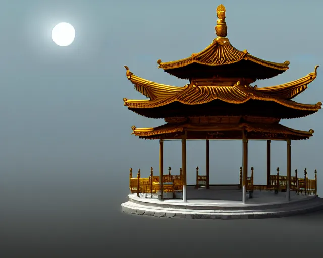 Prompt: photorealistic lunar pavilion temple in the clouds, artstation