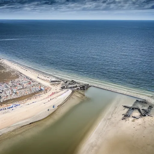 Image similar to a drone shot of Normany beach, D-Day, WW2, battle, aerial view, photograph, photorealistic, detailed, sharp image, 8k SDR, award-winning, beautiful,